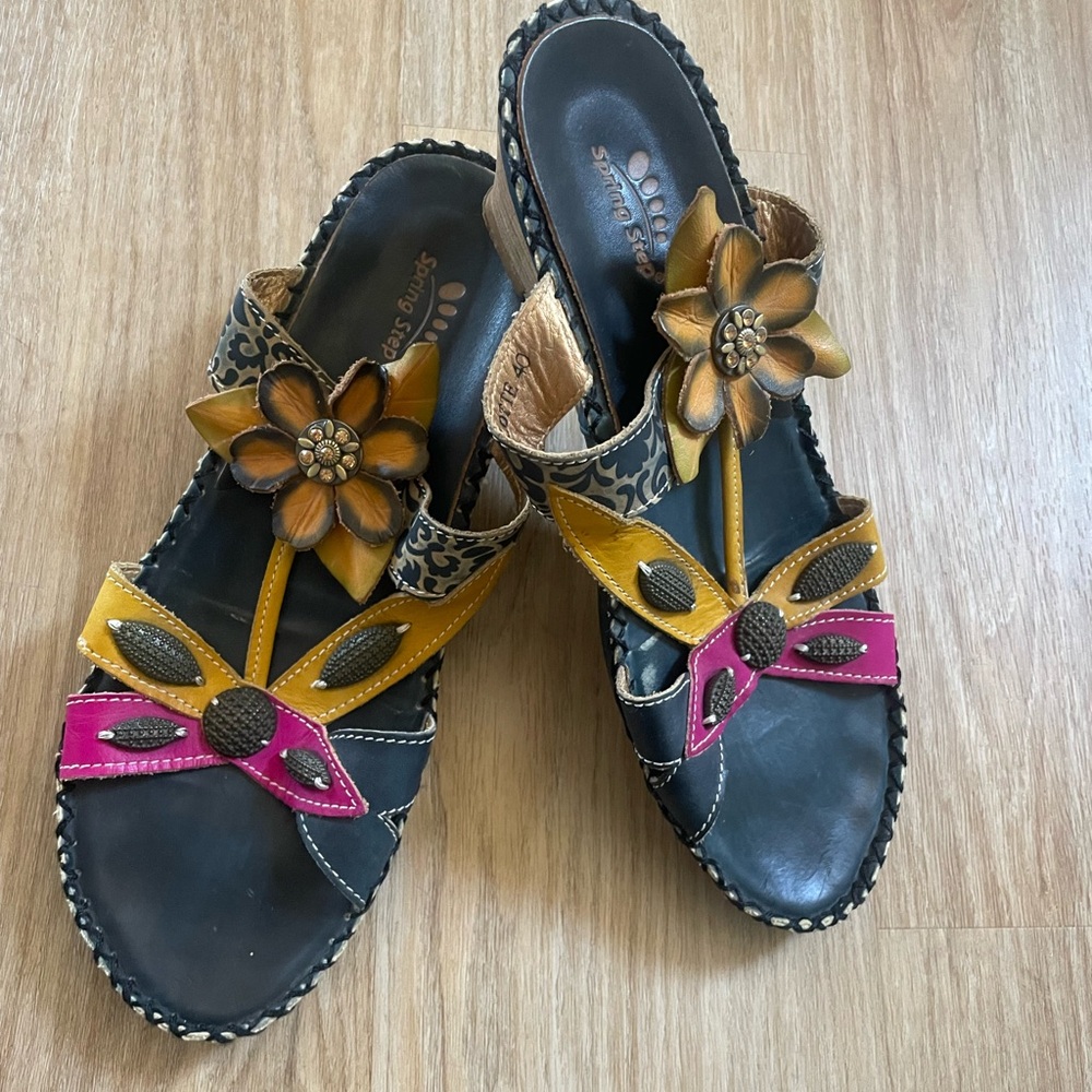 Spring Step CHARLOTTE Beaded Floral Leather Boho Sandals Slides Size 40